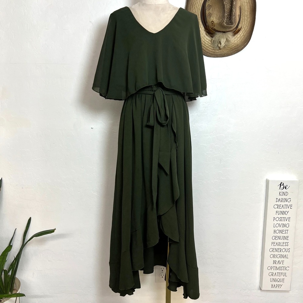 CICIDUDU Army Green Chiffon Cape Sleeve Maxi 3XL Dress belted Ruffle High Low